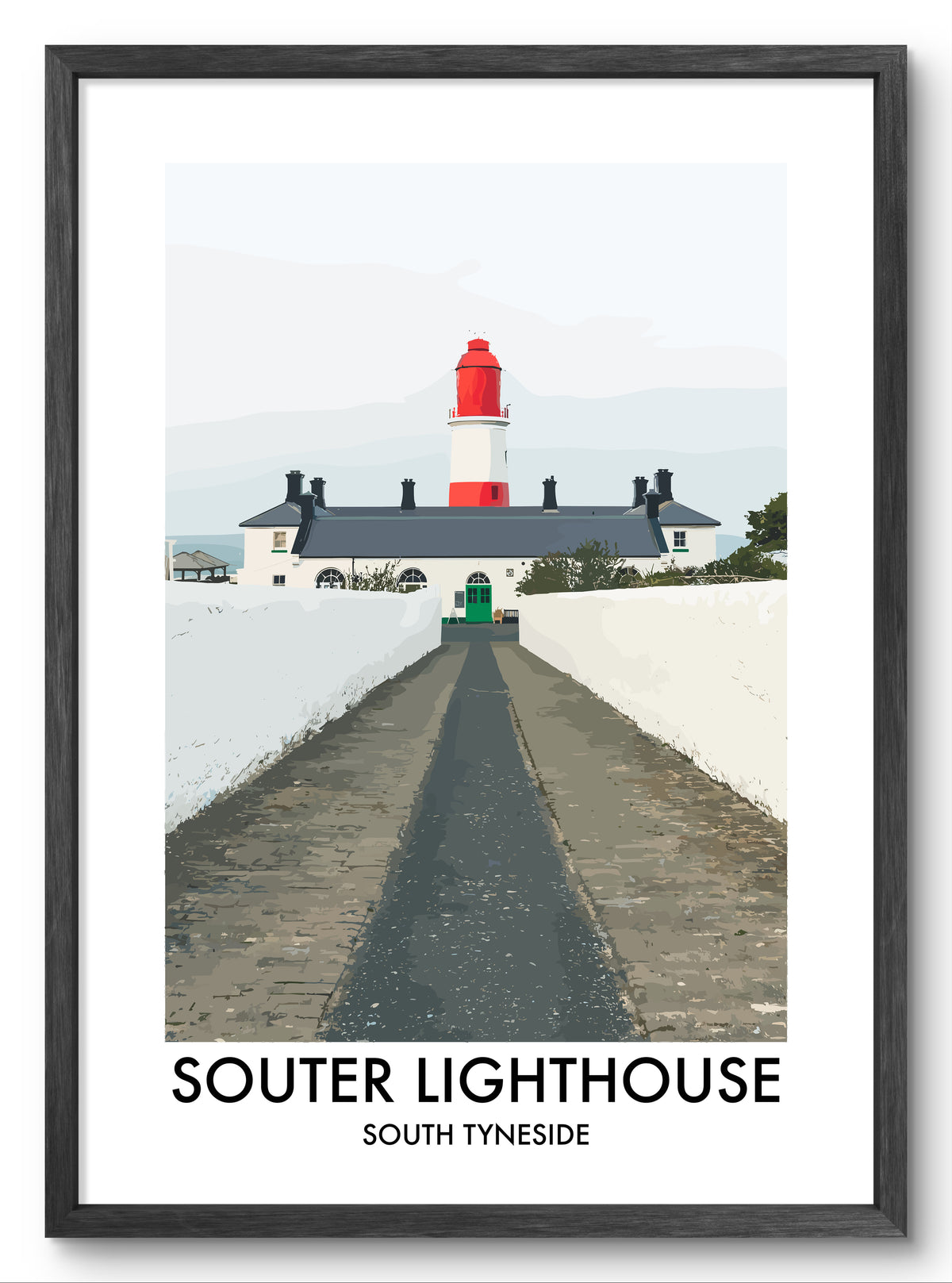 Souter Lighthouse South Tyneside vector art print shown in a black frame
