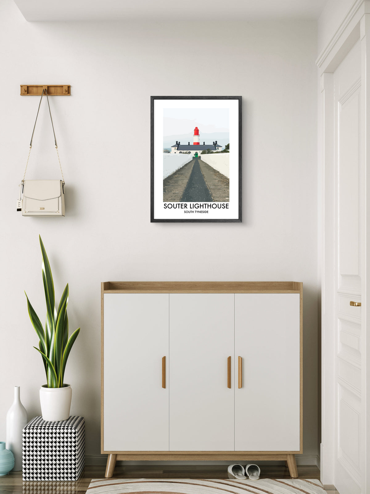 Souter Lighthouse South Tyneside framed vector art print displayed in a room setting