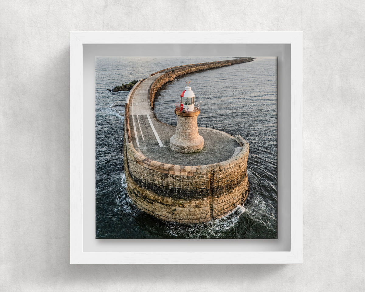 South Shields Lighthouse Aerial on an 8×8 inch ceramic tile in a white box frame, front view