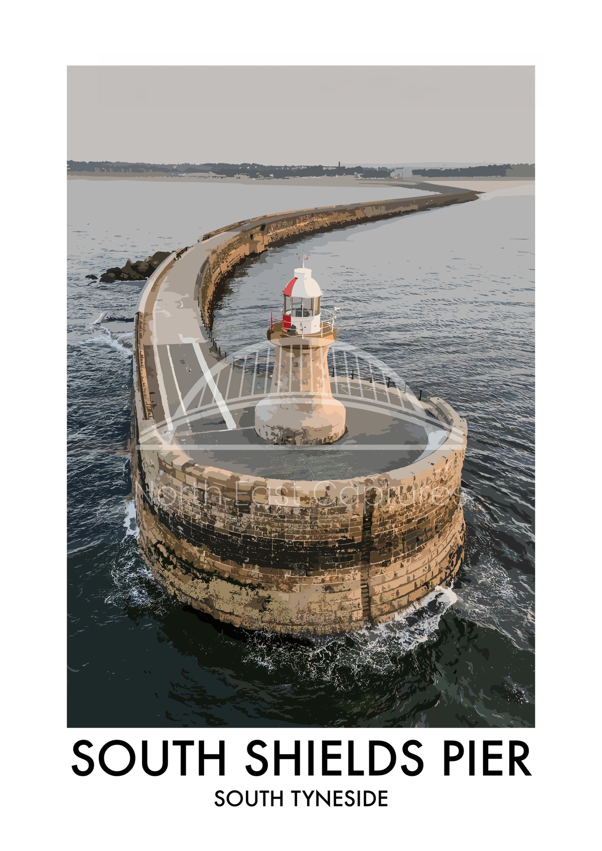 South Shields Pier Aerial View vector artwork with landmark lettering and preview watermark