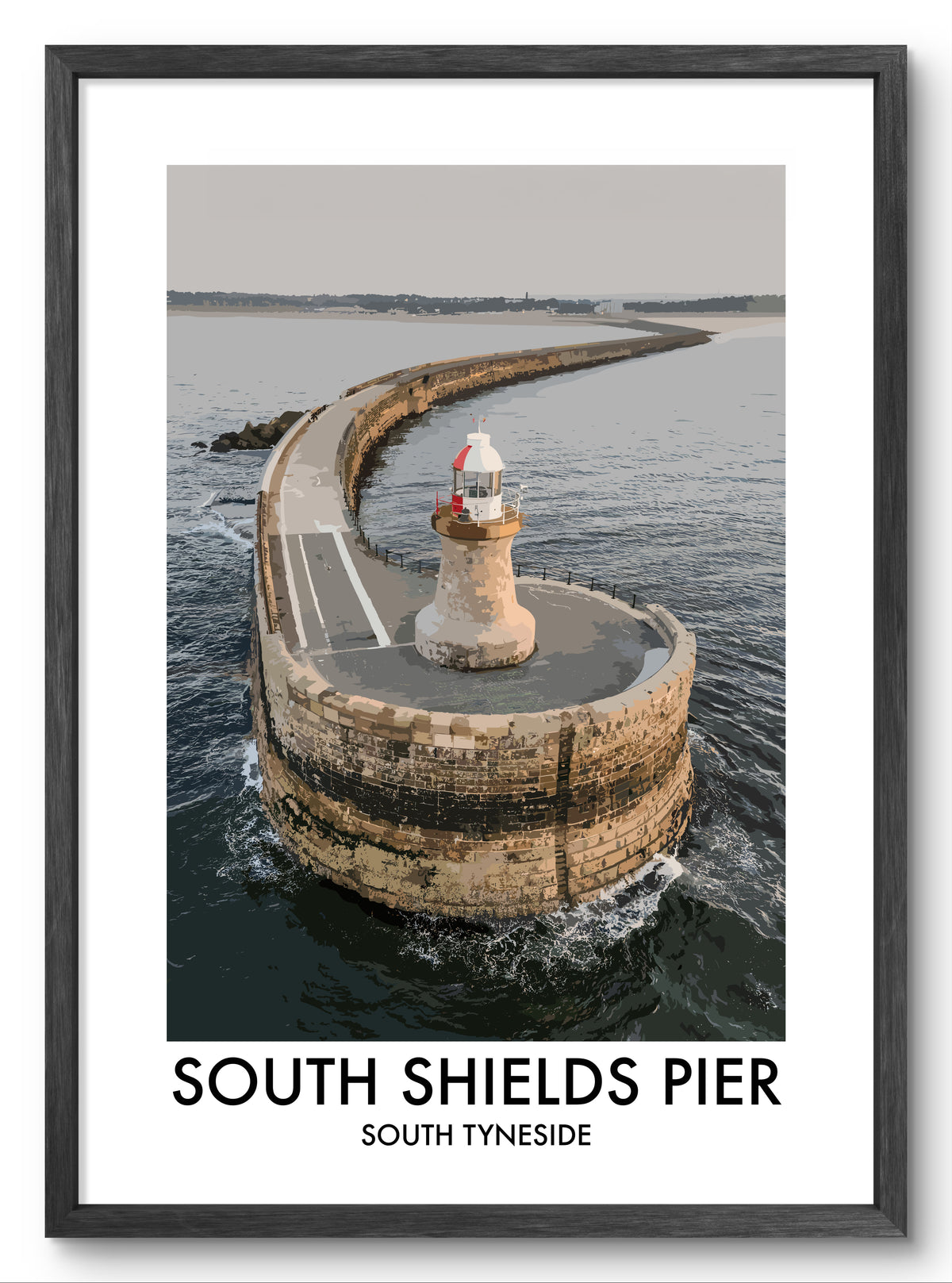 South Shields Pier Aerial View vector art print shown in a black frame