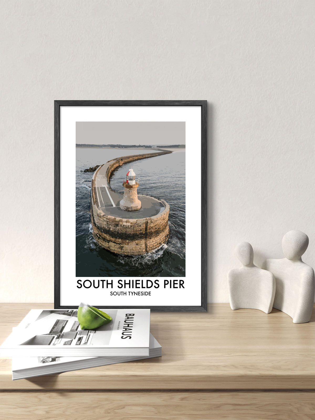 South Shields Pier Aerial View framed vector art print displayed in a room setting