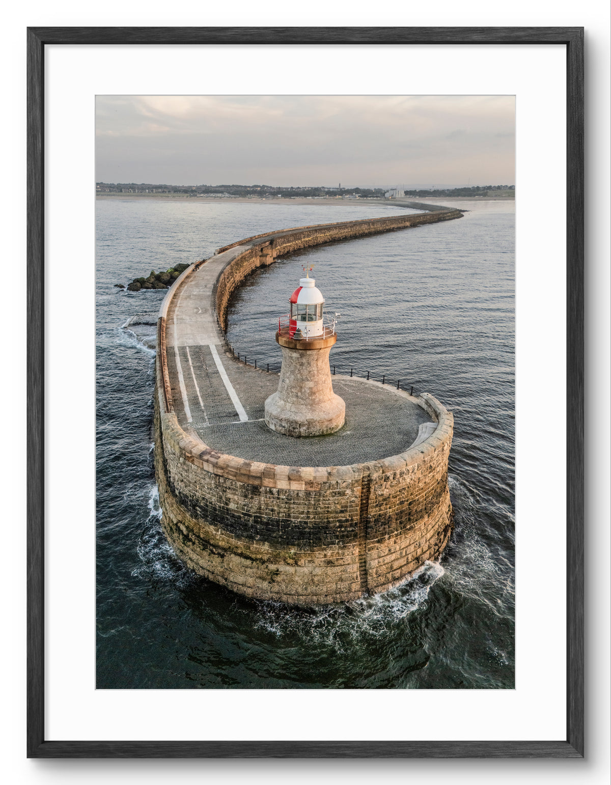 South Shields Pier Lighthouse Aerial Portrait — black frame with white mount