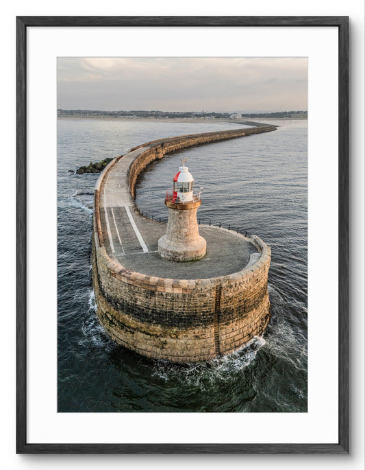 South Shields Pier Lighthouse Aerial Portrait — black frame with white mount