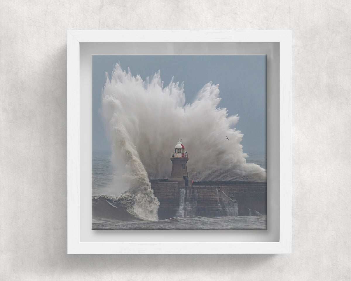 South Shields Pier Storm Waves on an 8×8 inch ceramic tile in a white box frame, front view