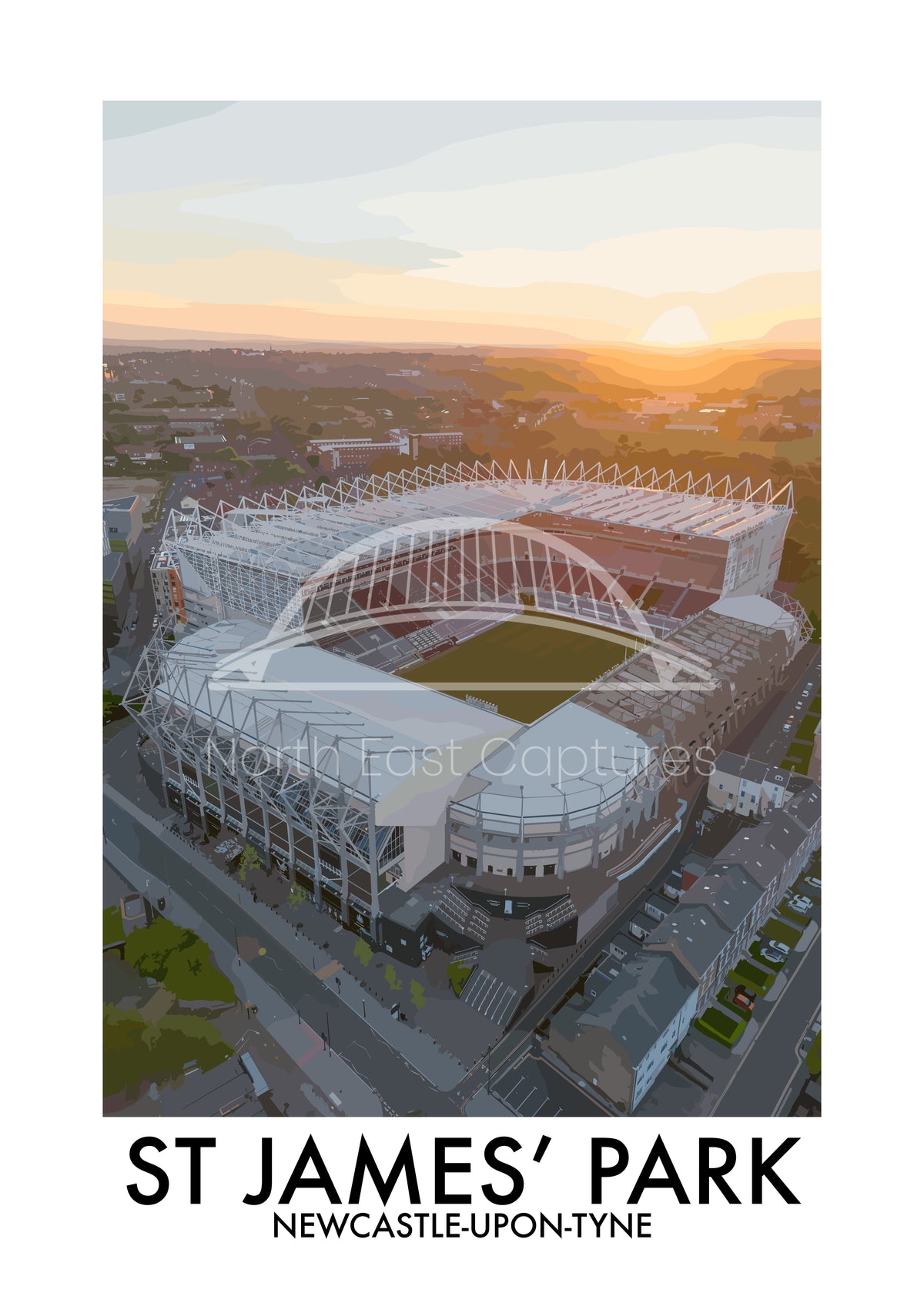 St James' Park Newcastle Aerial View vector artwork with landmark lettering and preview watermark