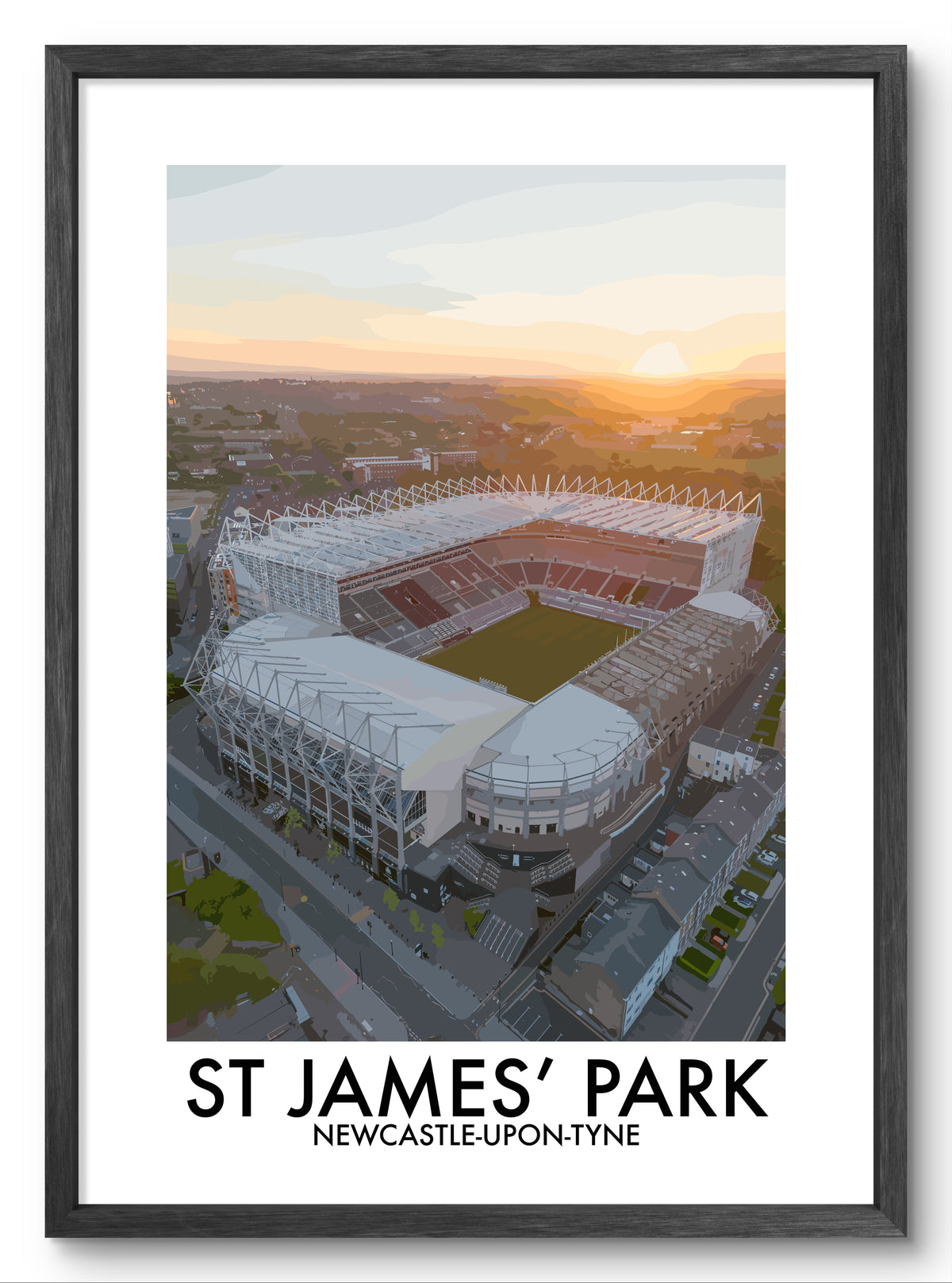 St James' Park Newcastle Aerial View vector art print shown in a black frame