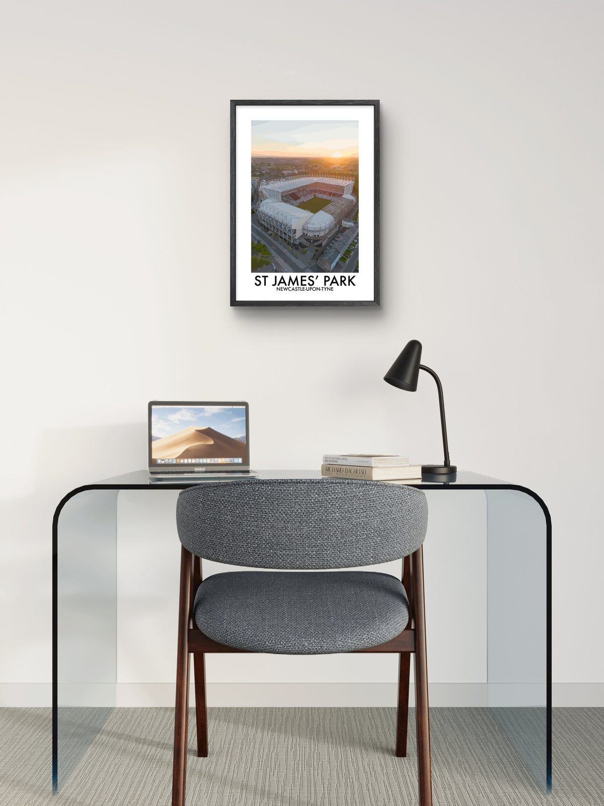 St James' Park Newcastle Aerial View framed vector art print displayed in a room setting
