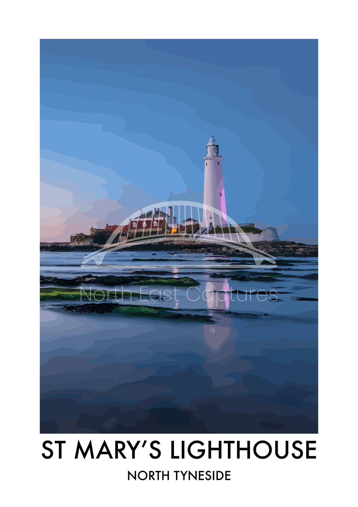 St Mary's Lighthouse Blue Reflections vector artwork with landmark lettering and preview watermark