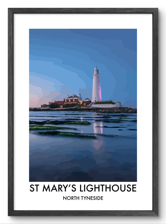 St Mary's Lighthouse Blue Reflections vector art print shown in a black frame