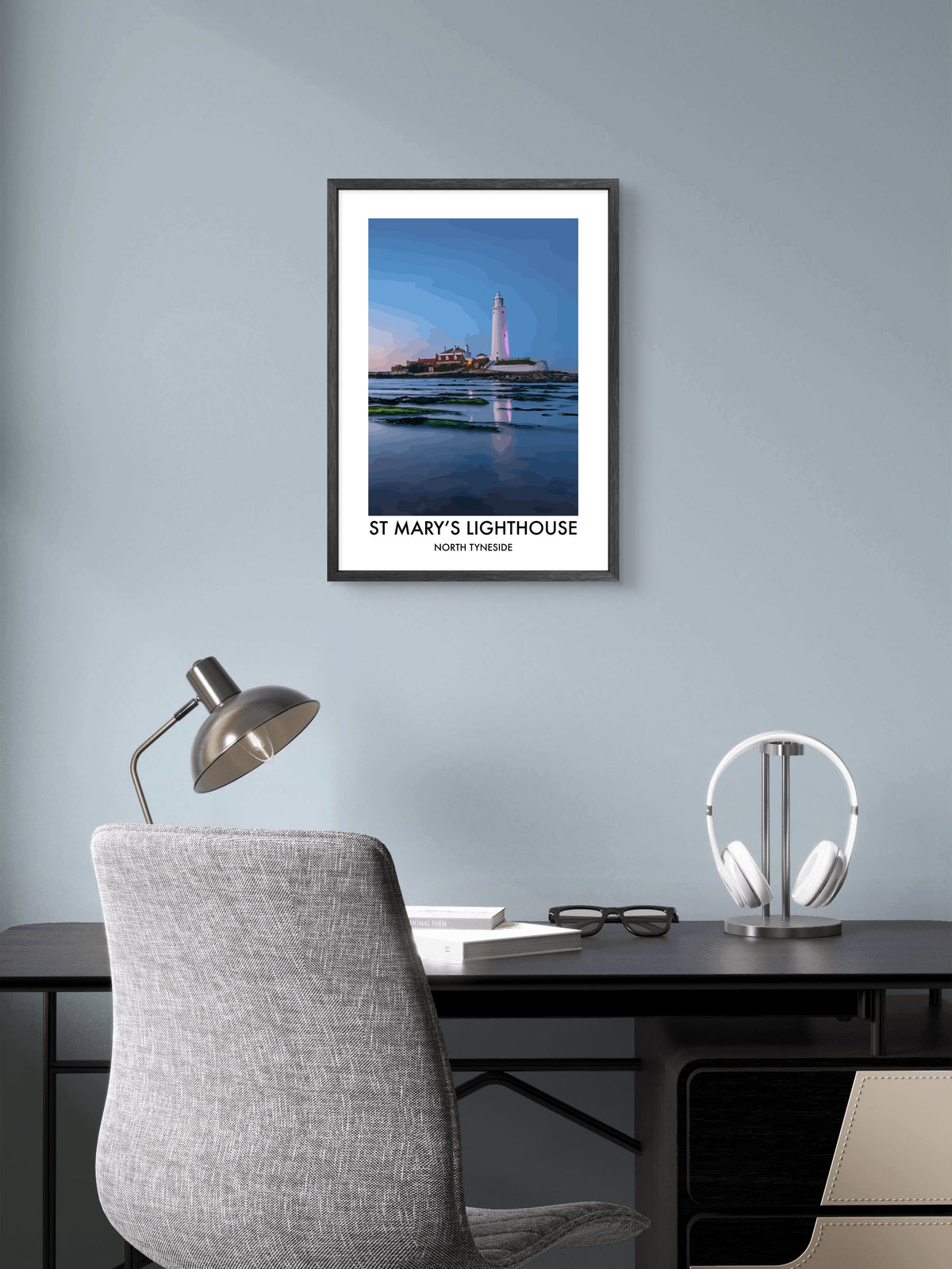 St Mary's Lighthouse Blue Reflections framed vector art print displayed in a room setting