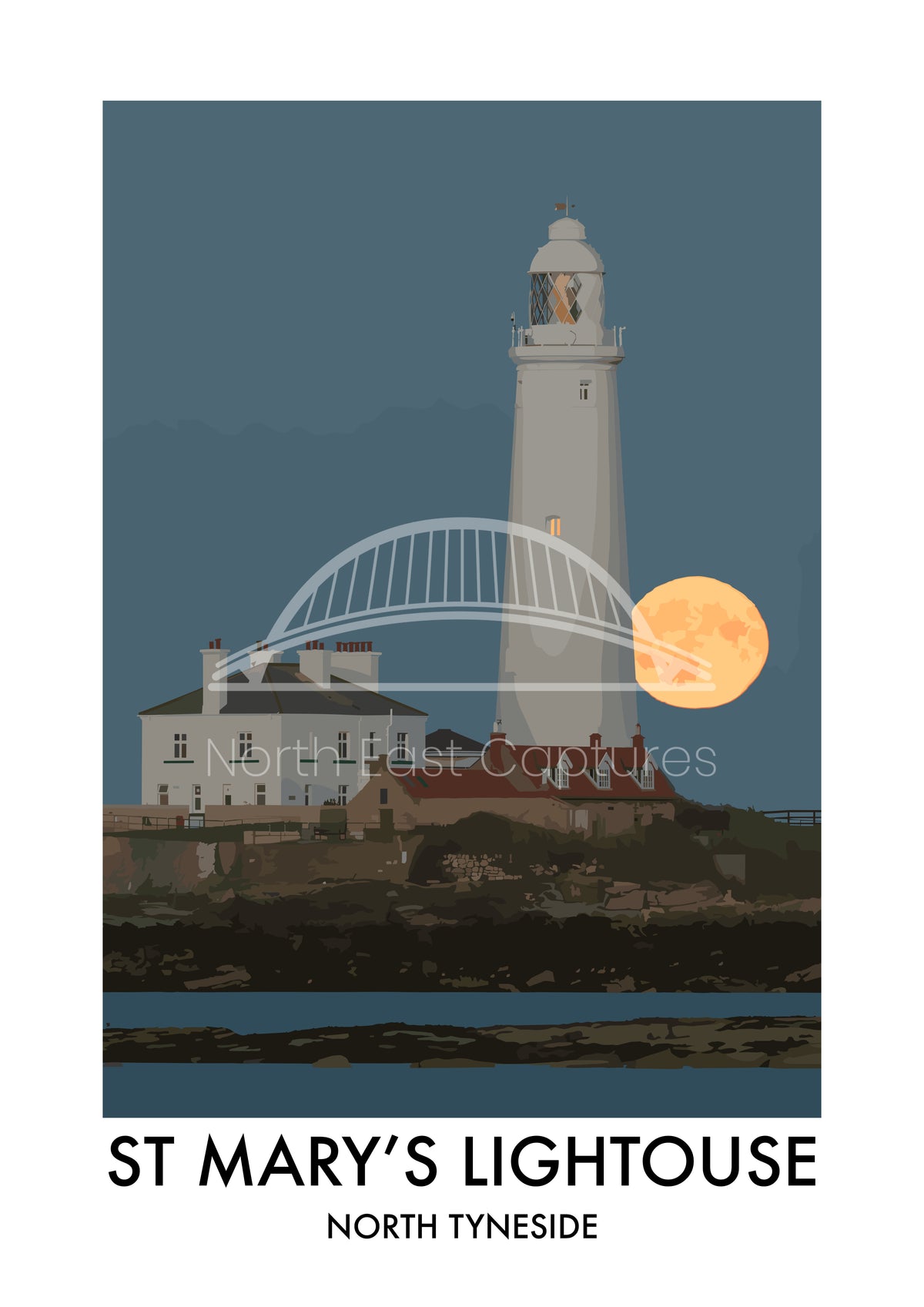 St Mary's Lighthouse Golden Moon vector artwork with landmark lettering and preview watermark