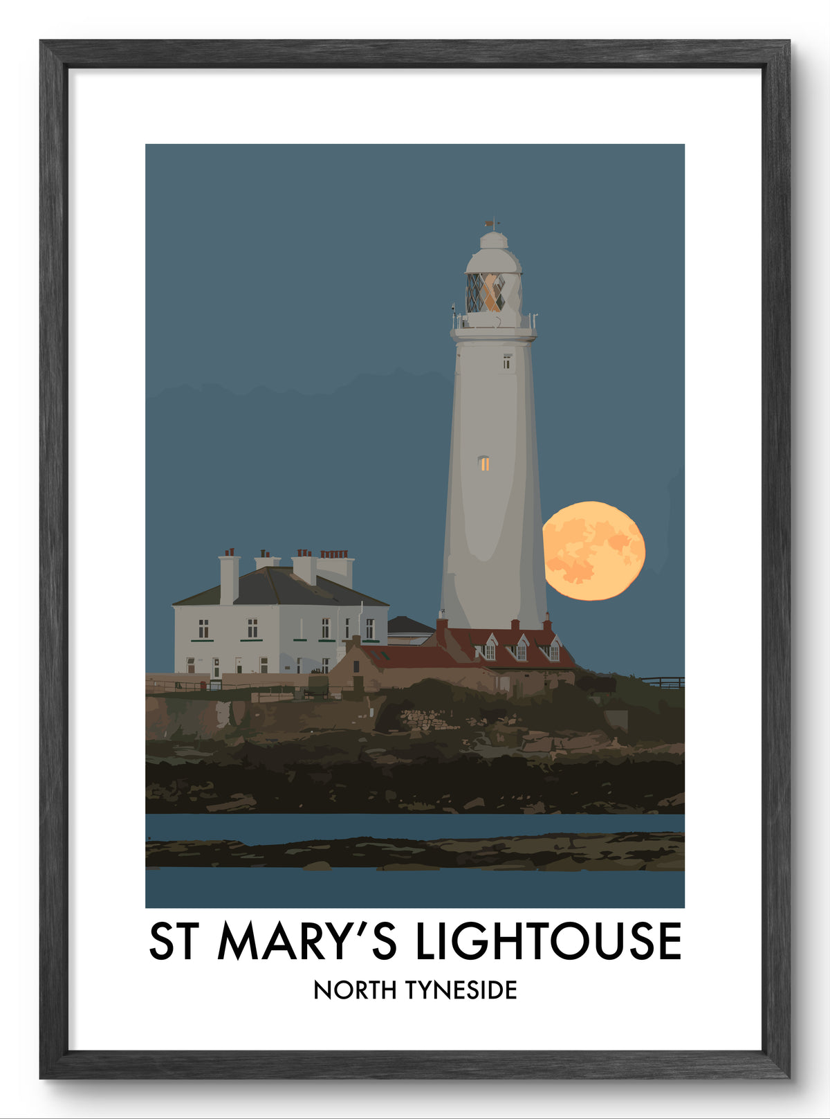 St Mary's Lighthouse Golden Moon vector art print shown in a black frame