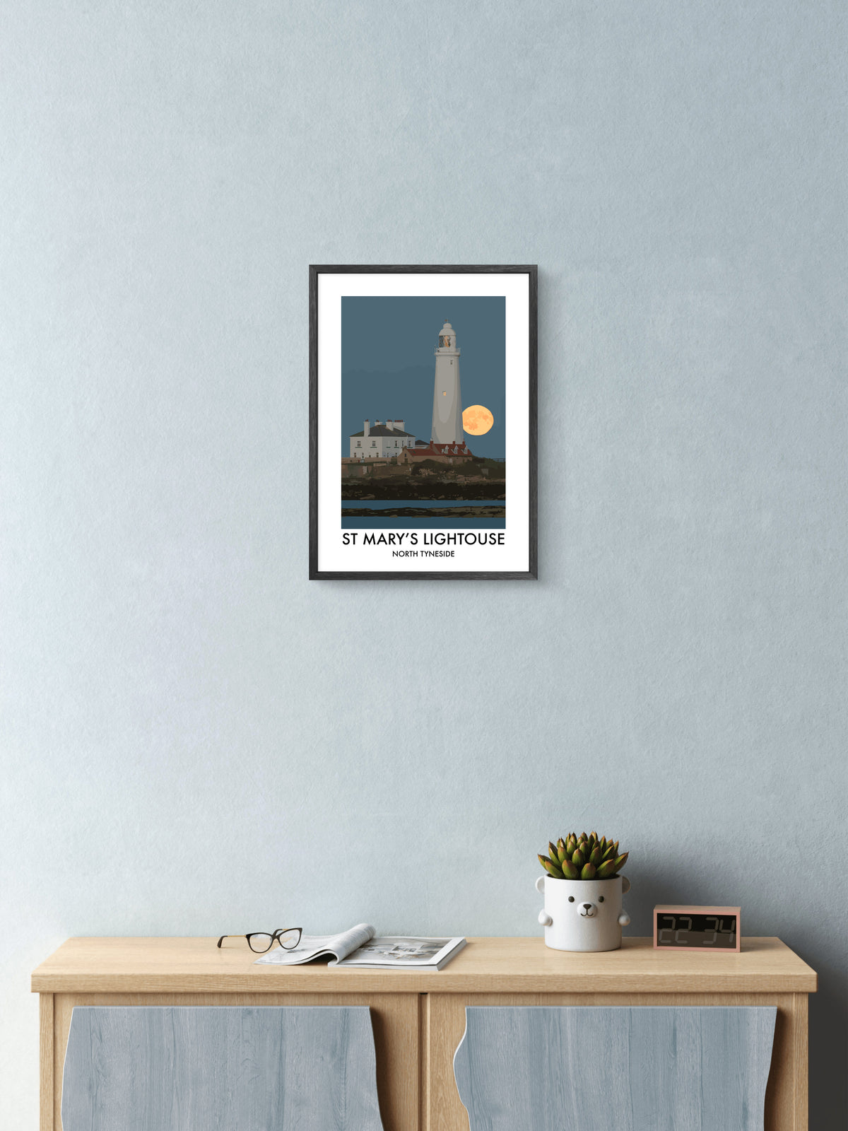 St Mary's Lighthouse Golden Moon framed vector art print displayed in a room setting