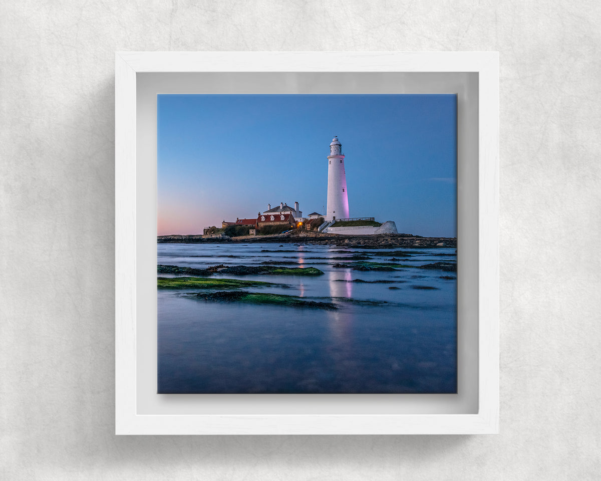 St Mary's Lighthouse ceramic tile in a white solid wood box frame, front view
