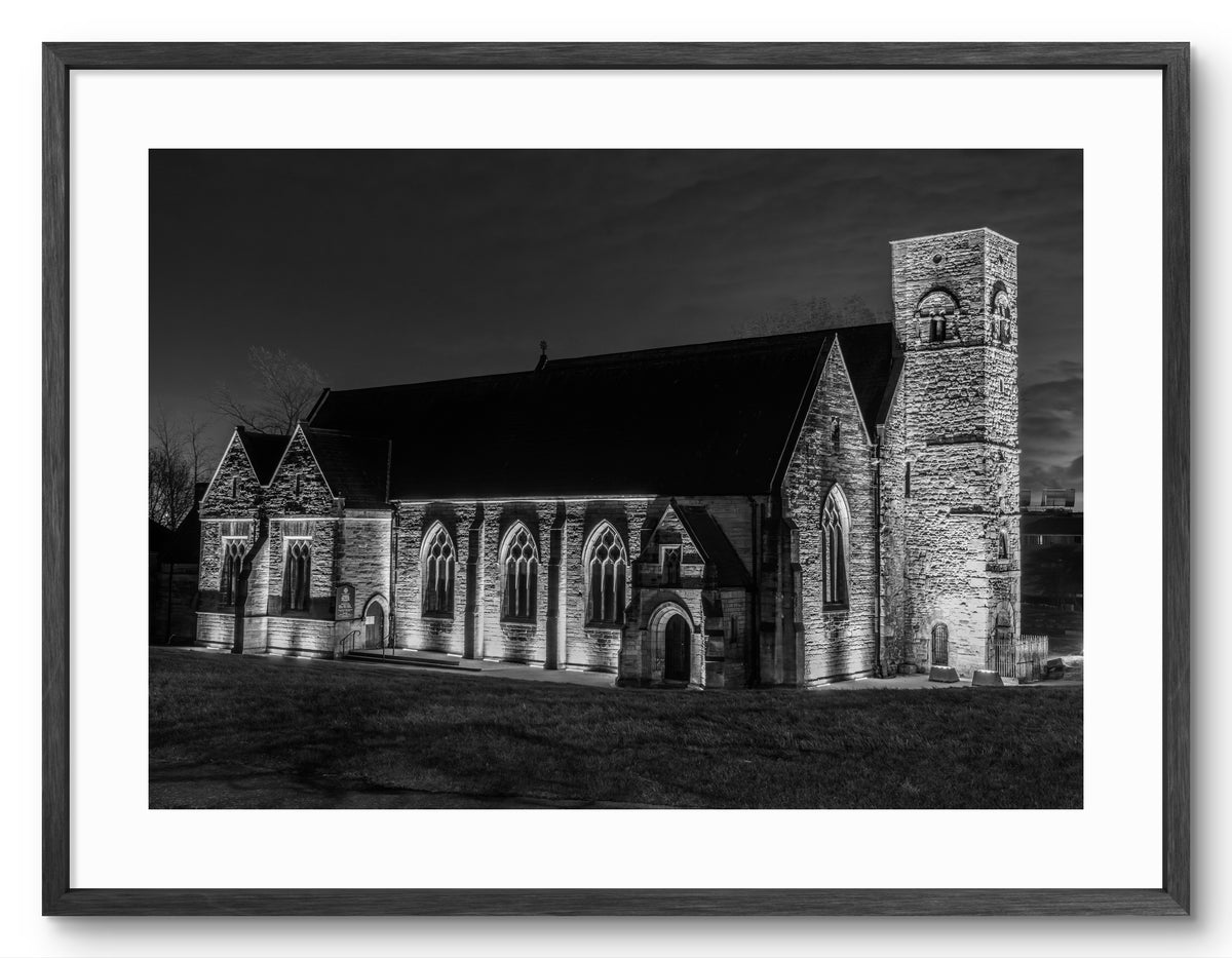 St Peter's Church Night Black & White — black frame with white mount