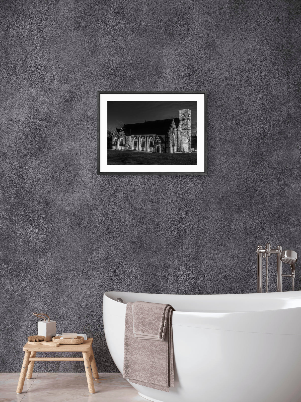St Peter's Church Night Black & White — framed artwork shown in a room