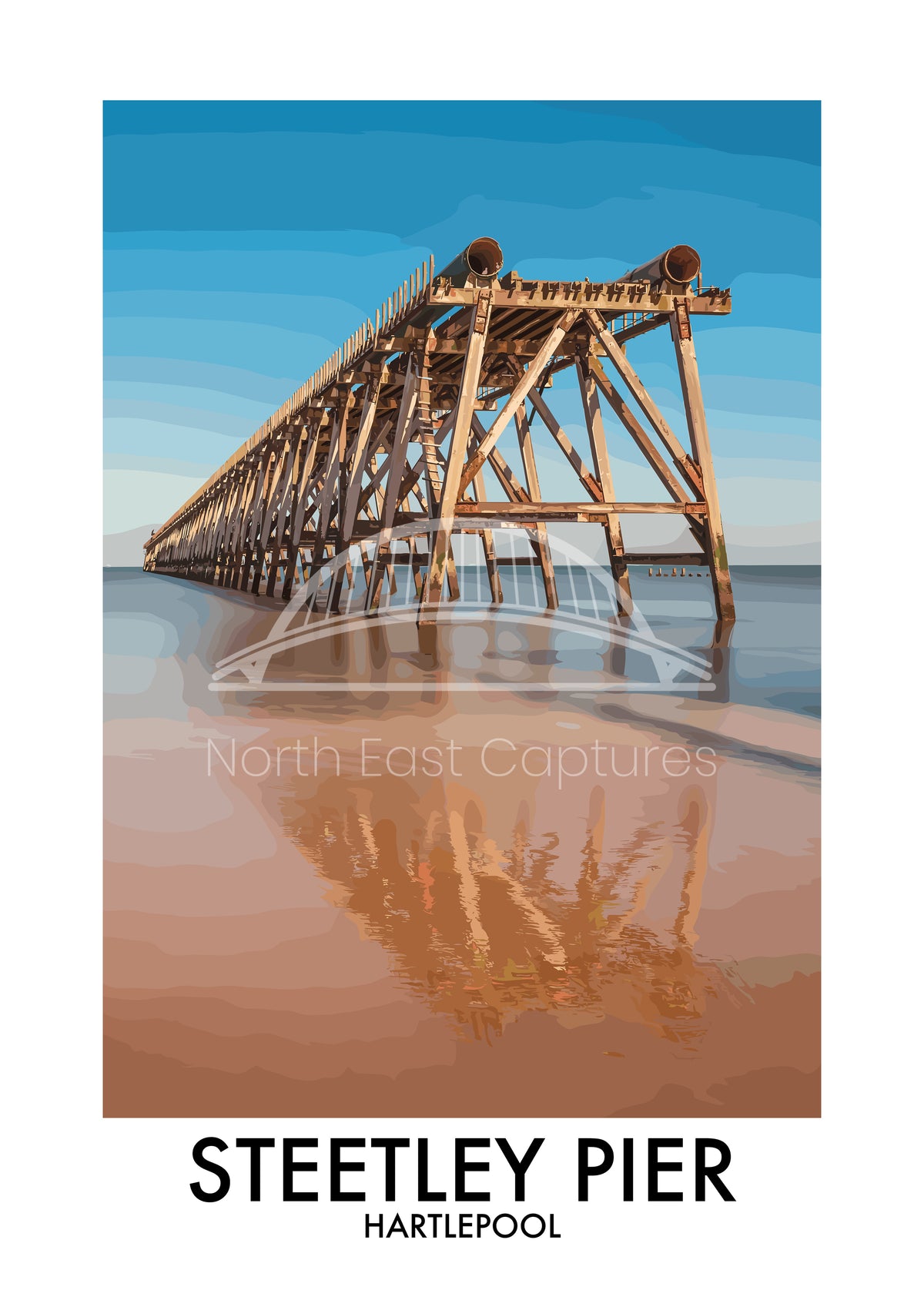 Steetley Pier Hartlepool Reflections vector artwork with landmark lettering and preview watermark