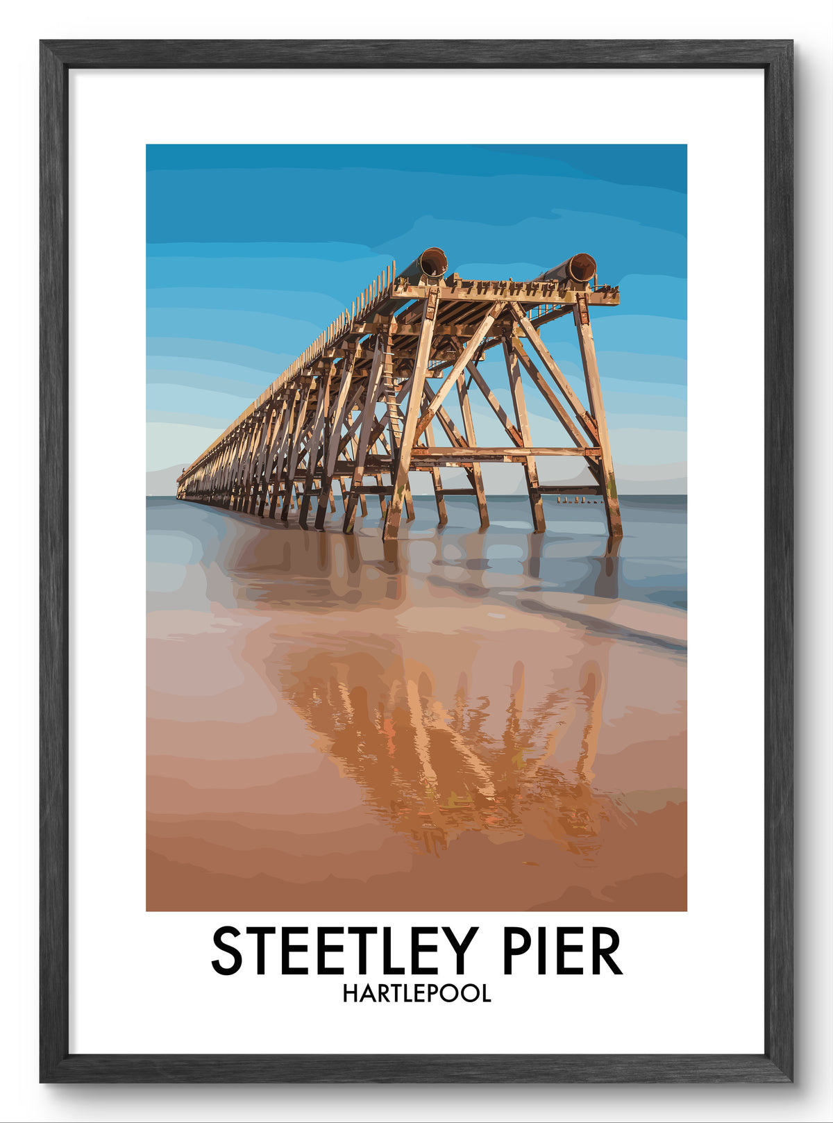 Steetley Pier Hartlepool Reflections vector art print shown in a black frame