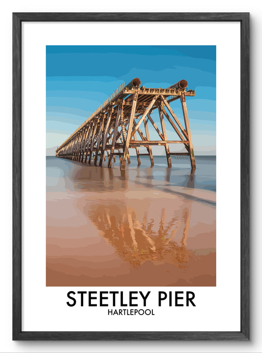 Steetley Pier Hartlepool Reflections vector art print shown in a black frame