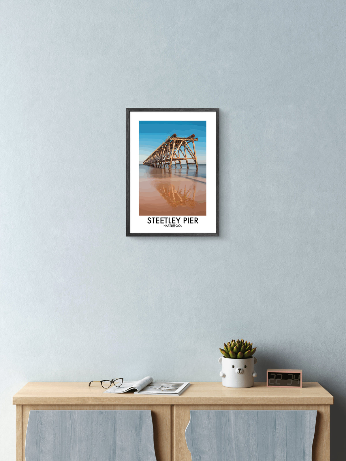 Steetley Pier Hartlepool Reflections framed vector art print displayed in a room setting