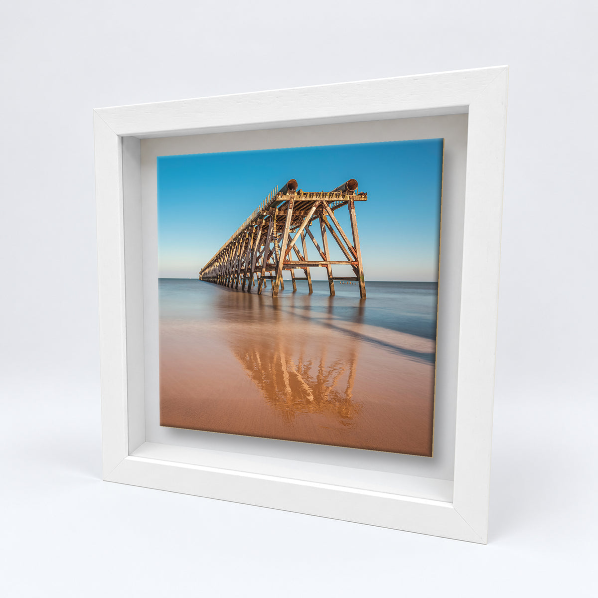 Steetley Pier Hartlepool on an 8×8 inch ceramic tile in a white box frame, angled view