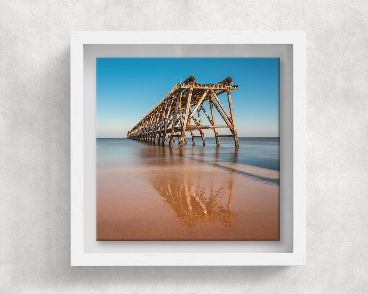 Steetley Pier Hartlepool on an 8×8 inch ceramic tile in a white box frame, front view