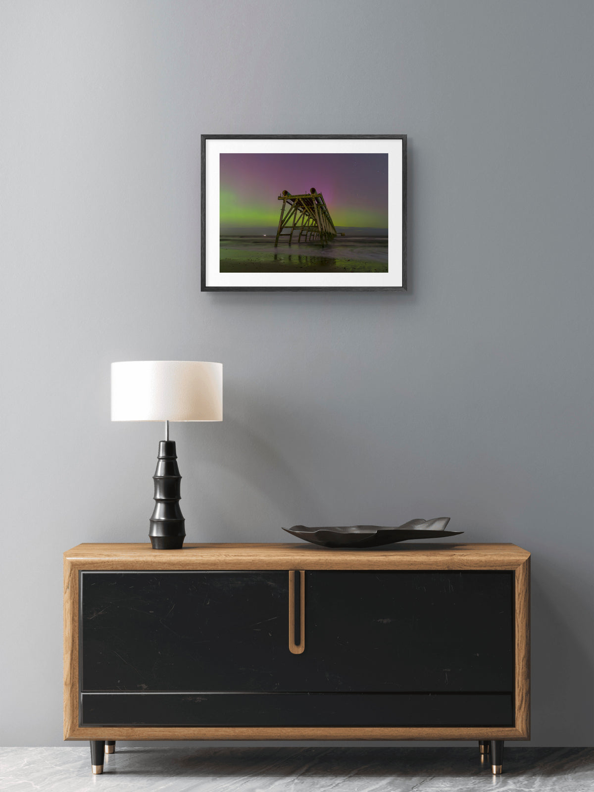 Steetley Pier Northern Lights Front View — framed print in a room setting