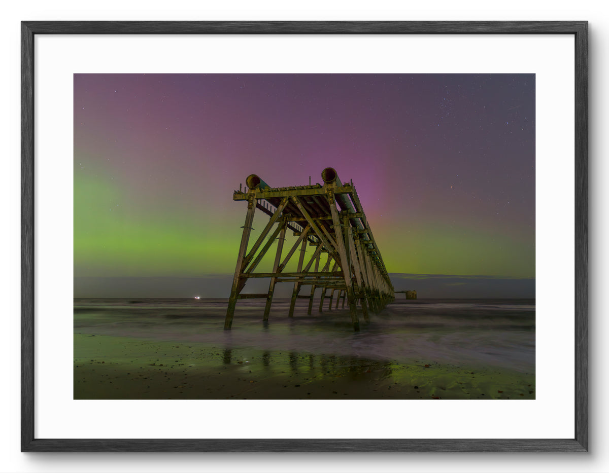 Steetley Pier Northern Lights Front View — black frame with white mount