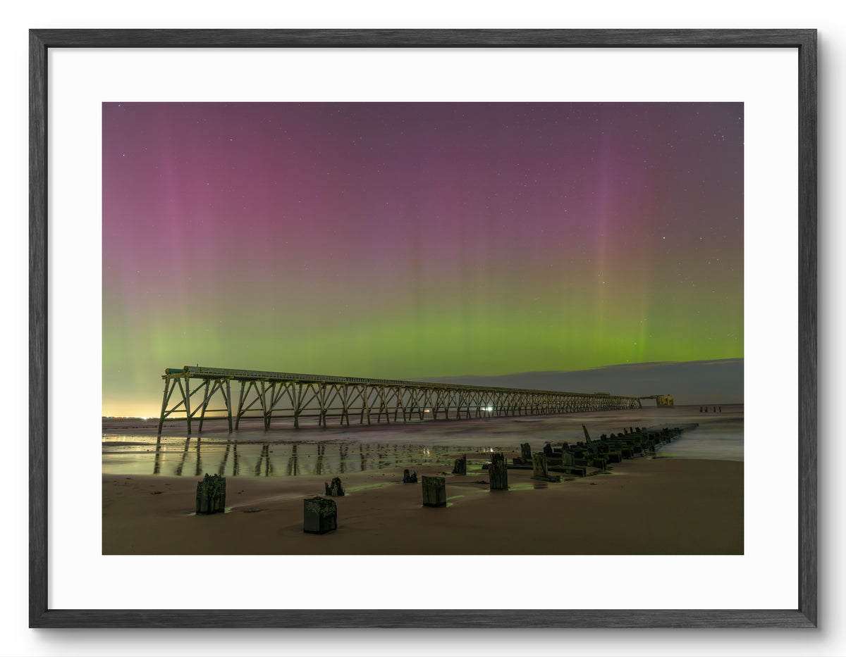 Steetley Pier Northern Lights Wide View — black frame with white mount