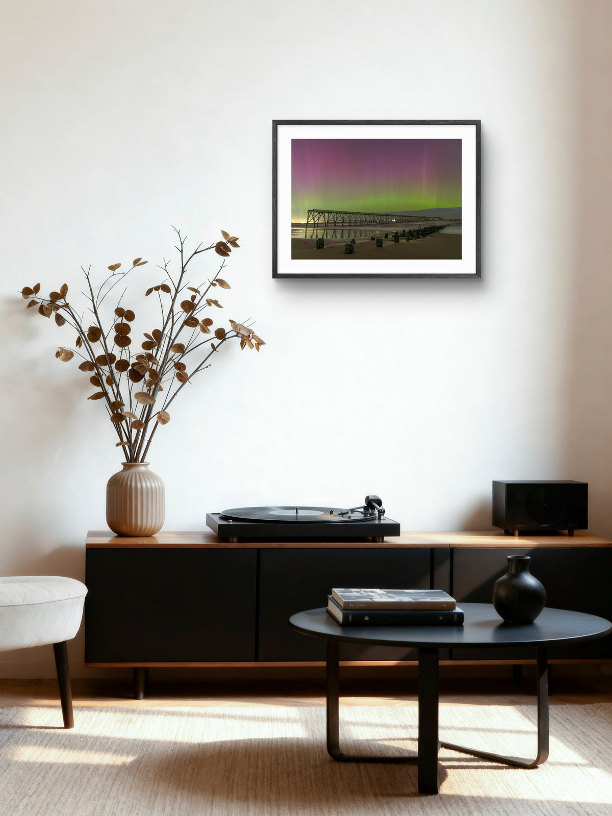 Steetley Pier Northern Lights Wide View — framed print in a room setting