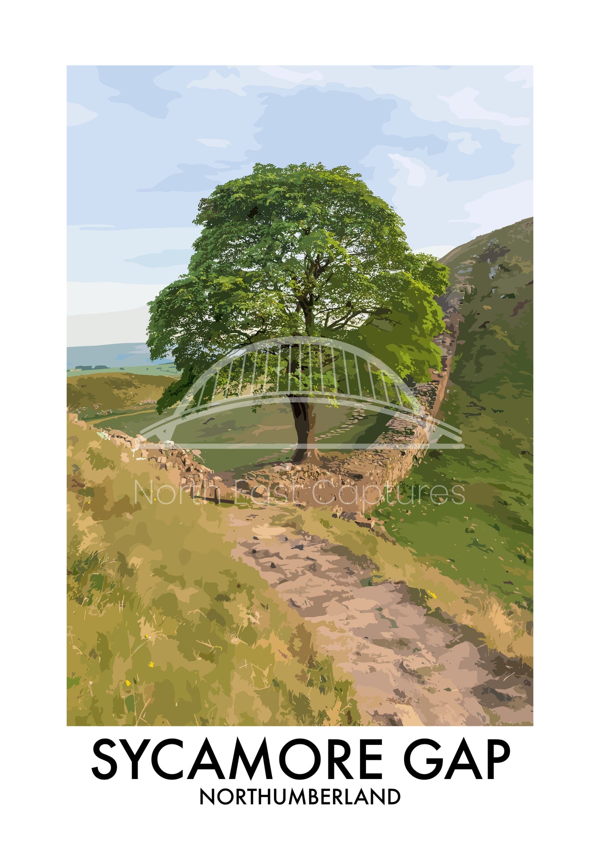 Sycamore Gap Stone Path View vector artwork with landmark lettering and preview watermark