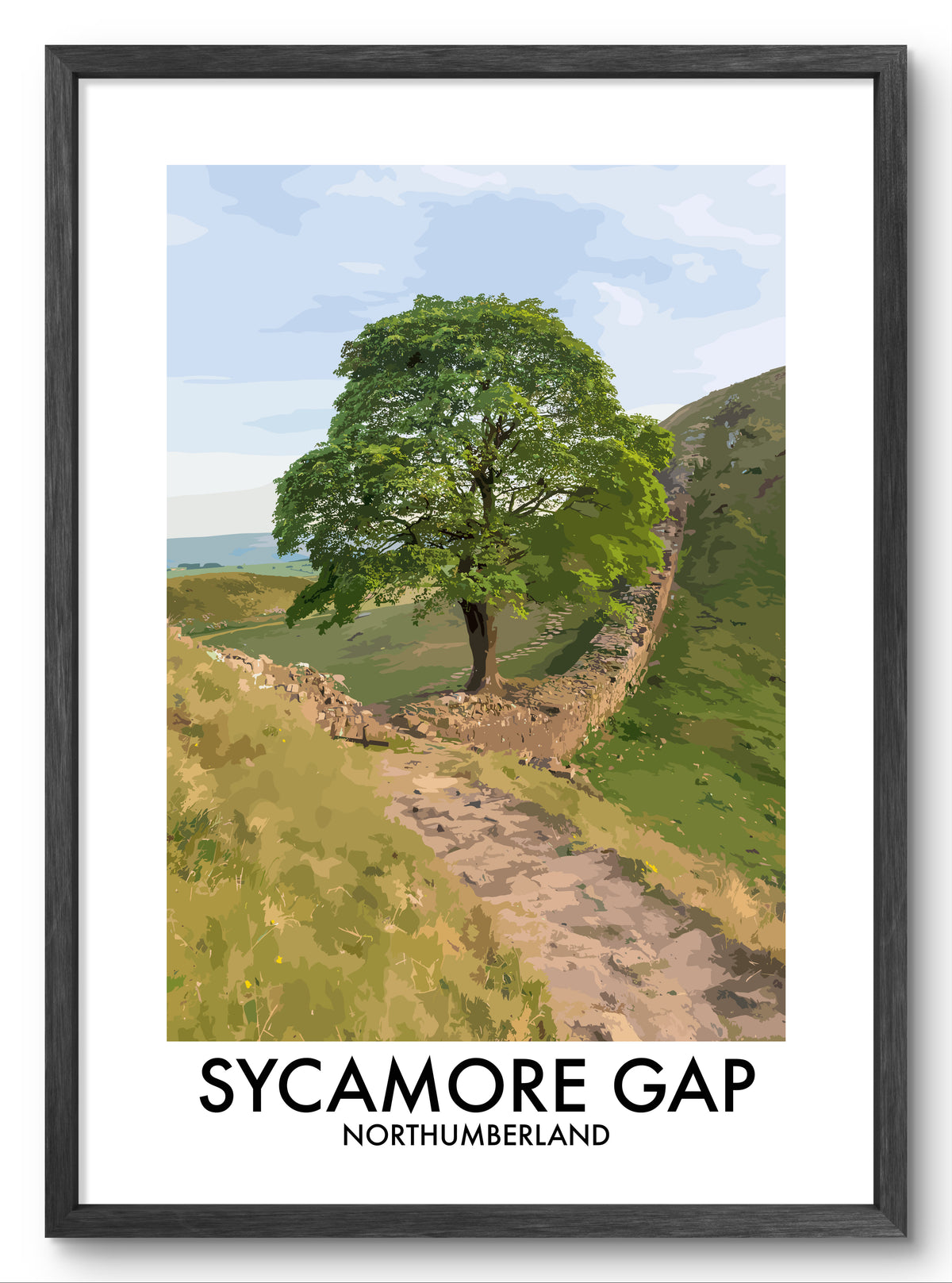 Sycamore Gap Stone Path View vector art print shown in a black frame