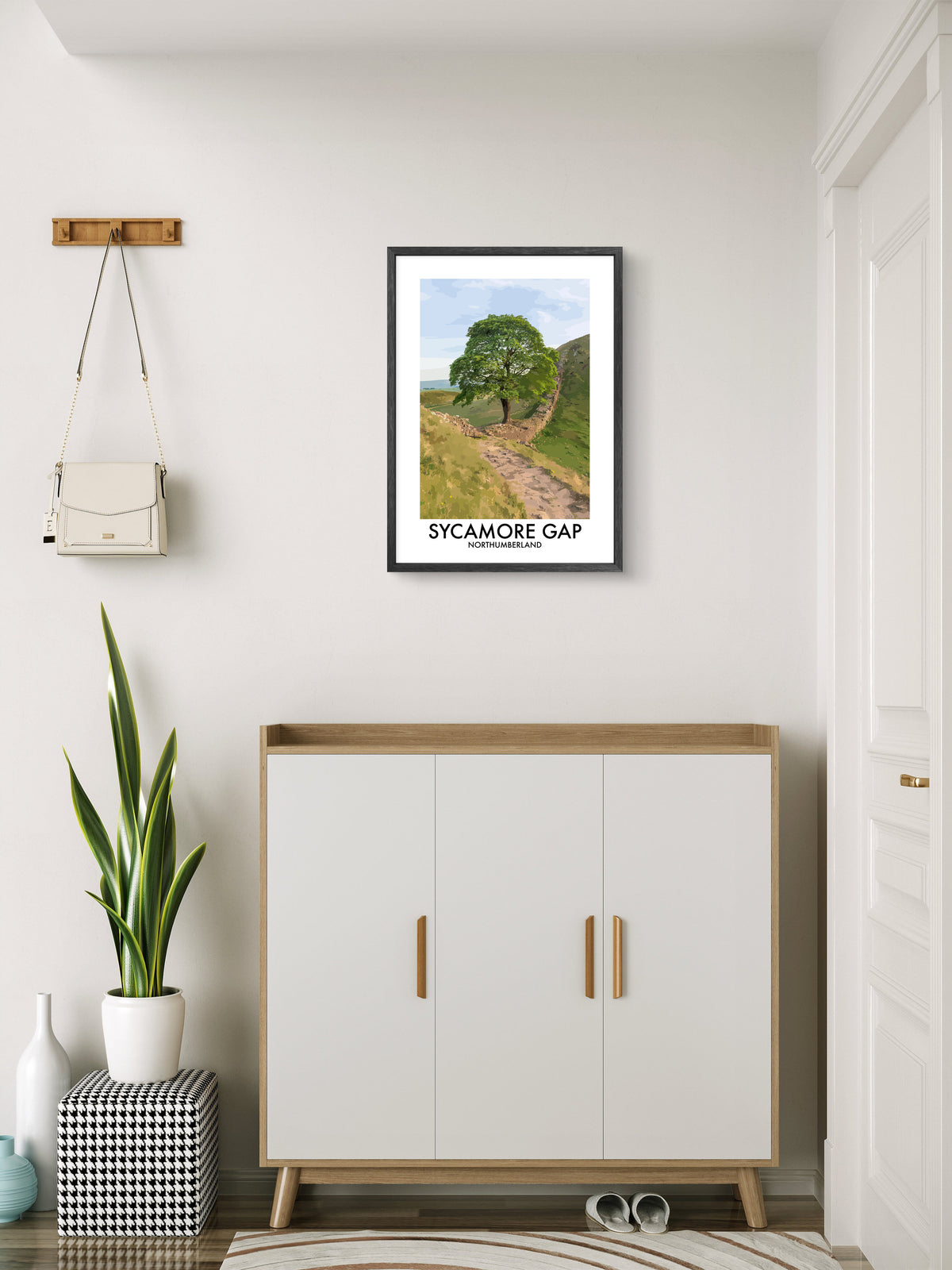 Sycamore Gap Stone Path View framed vector art print displayed in a room setting
