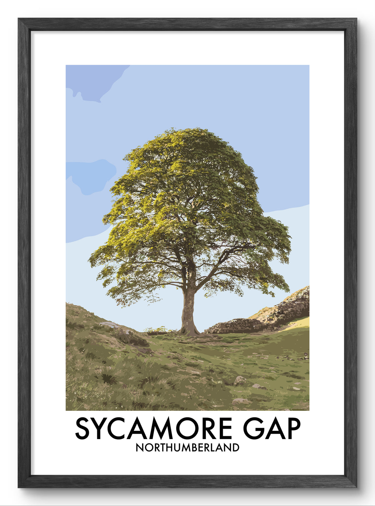 Sycamore Gap Tree Portrait vector art print shown in a black frame