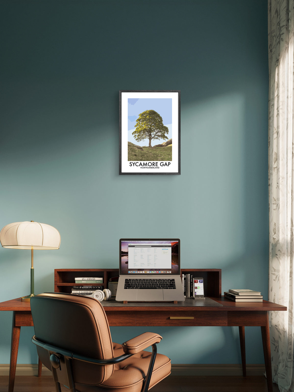 Sycamore Gap Tree Portrait framed vector art print displayed in a room setting