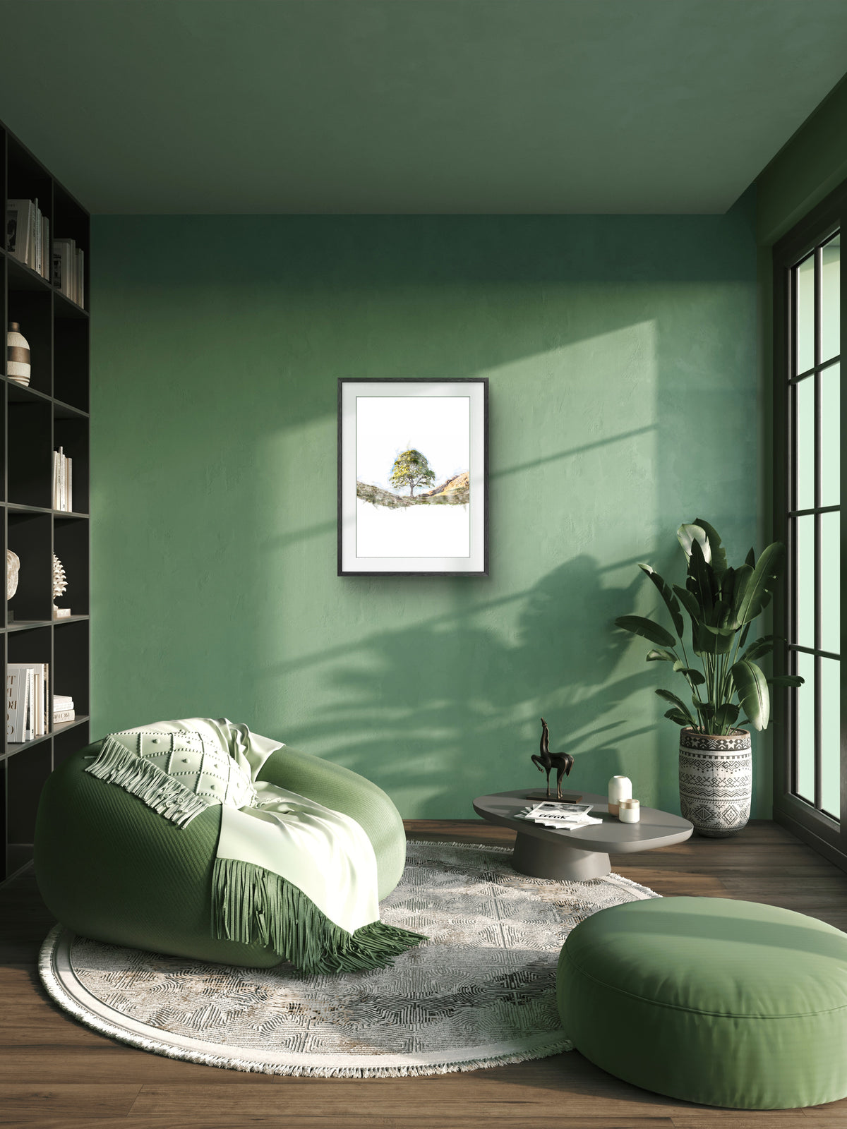 Sycamore Gap Tree, portrait digital watercolour displayed in a room mockup