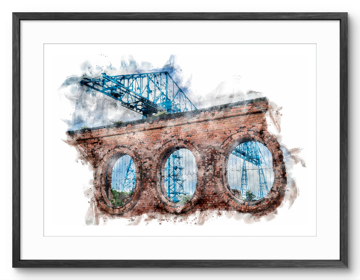 Tees Transporter Bridge Detail, landscape digital watercolour shown in a black frame and white mount