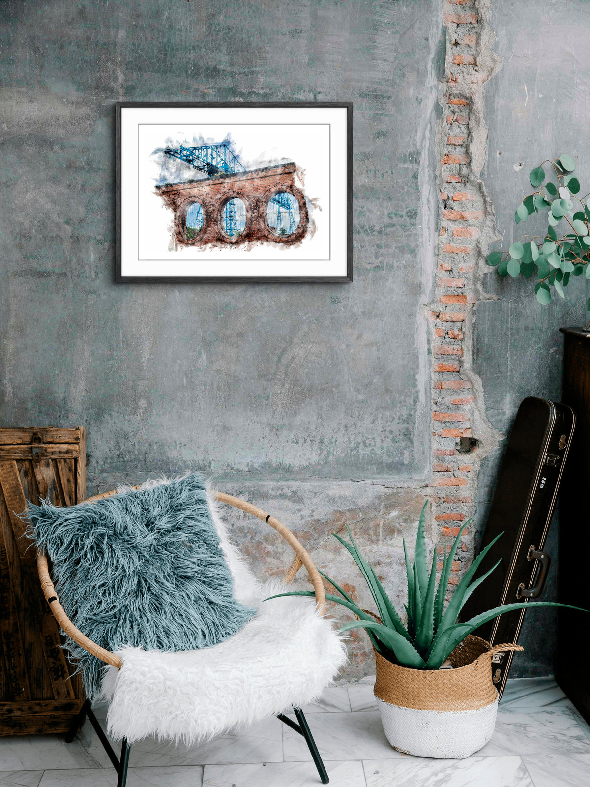 Tees Transporter Bridge Detail, landscape digital watercolour displayed in a room mockup