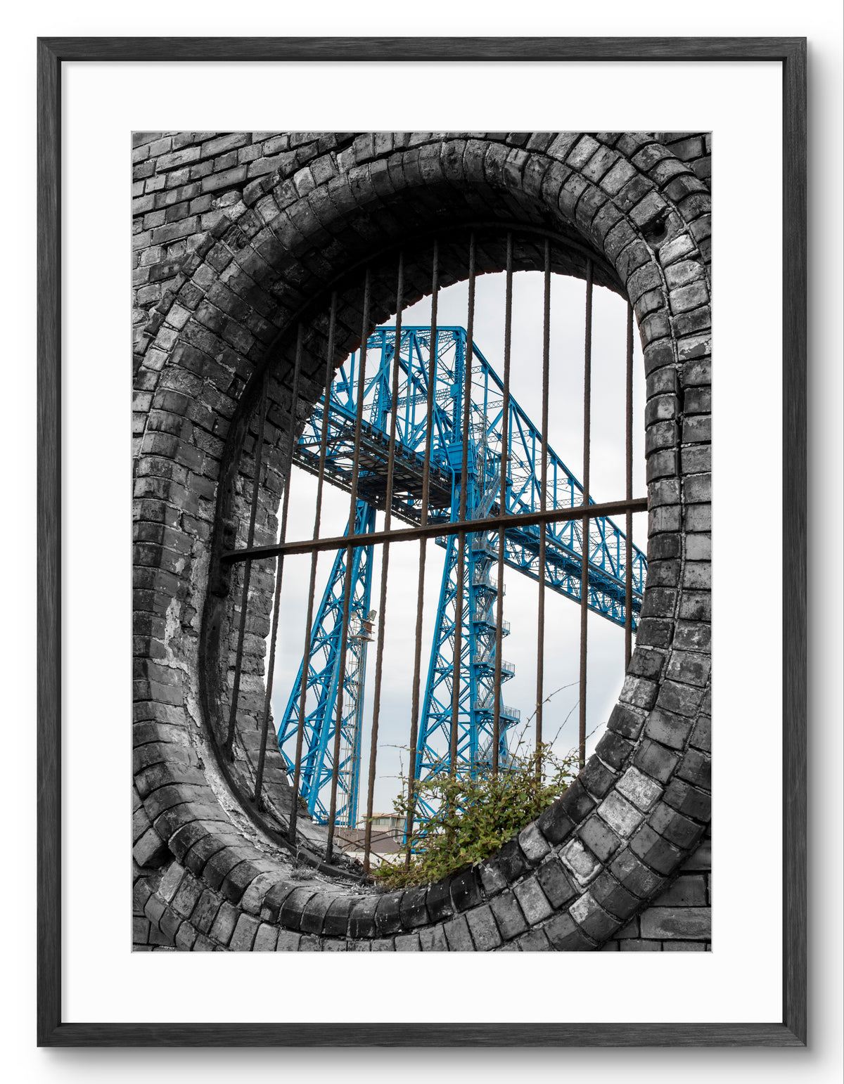 Tees Transporter Bridge Through Brick Arch Portrait — black frame with white mount