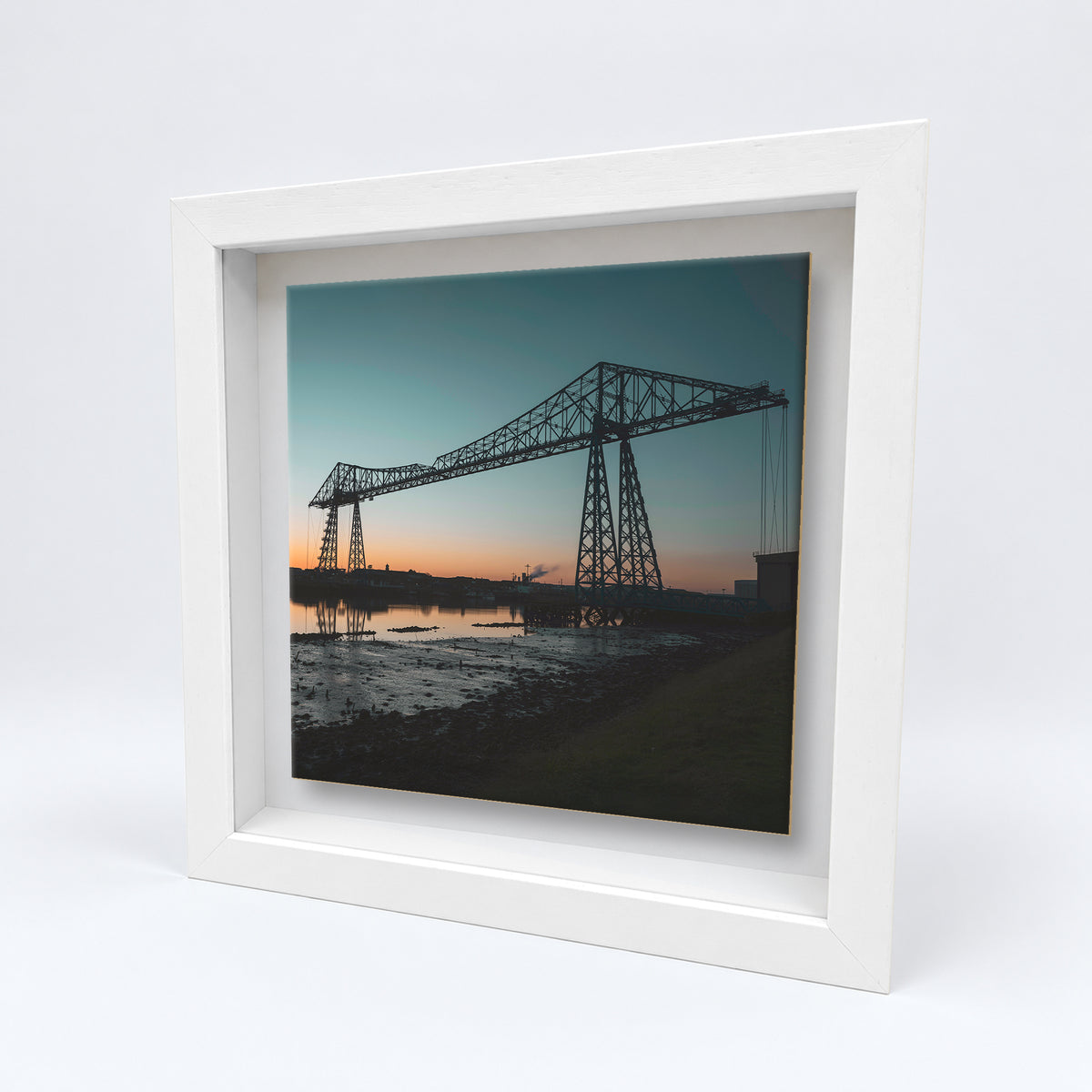 Tees Transporter Bridge on an 8×8 inch ceramic tile in a white box frame, angled view