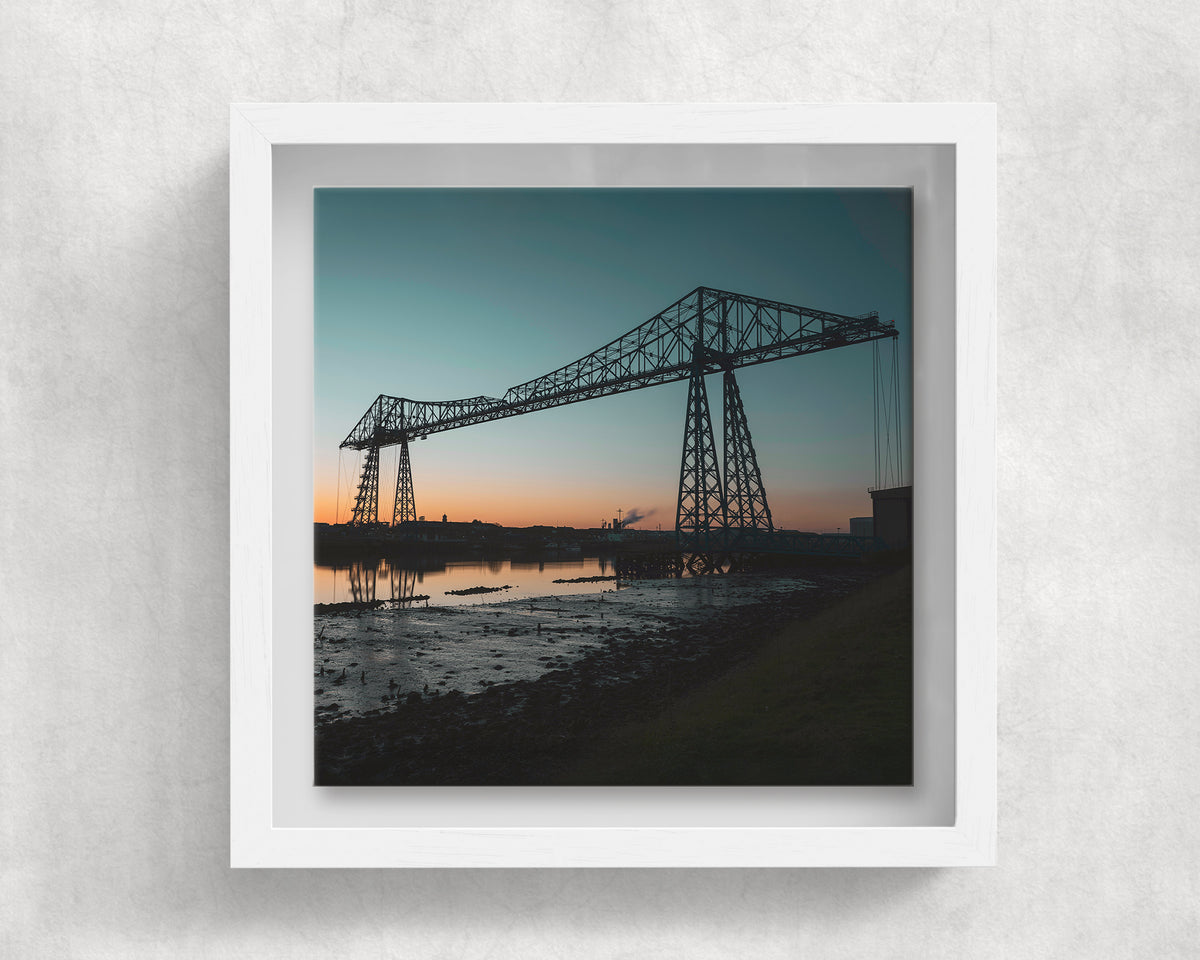 Tees Transporter Bridge on an 8×8 inch ceramic tile in a white box frame, front view