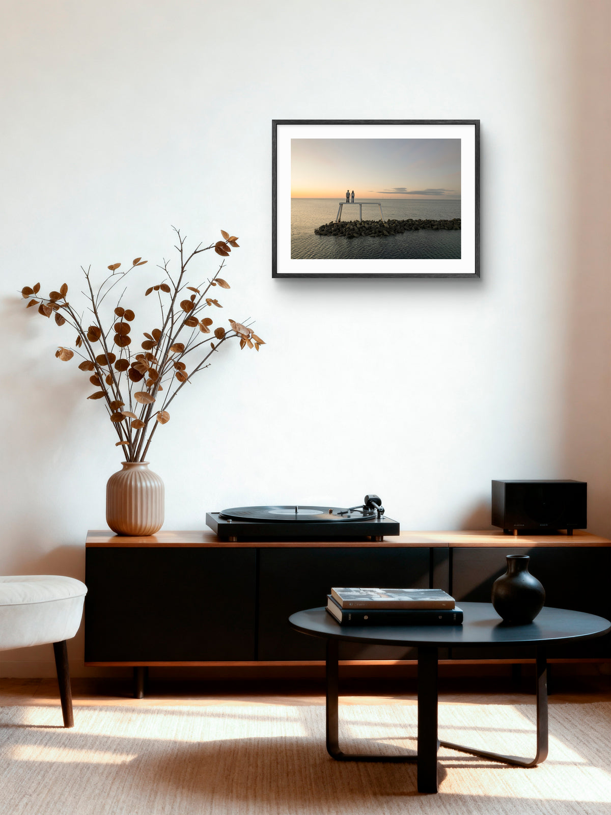 The Couple Sculpture Sunset — framed artwork shown in a room