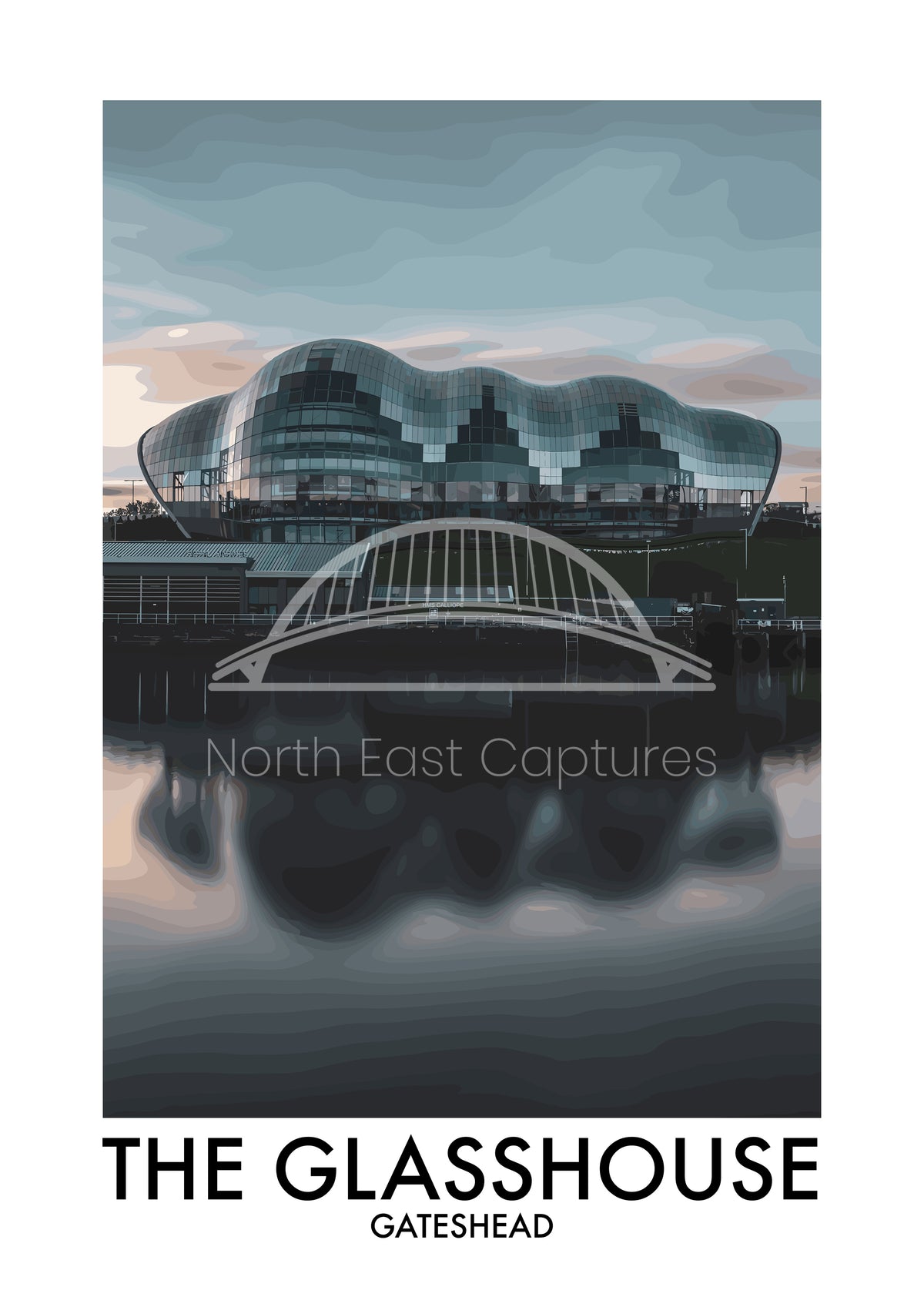 The Glasshouse Gateshead Reflections vector artwork with landmark lettering and preview watermark
