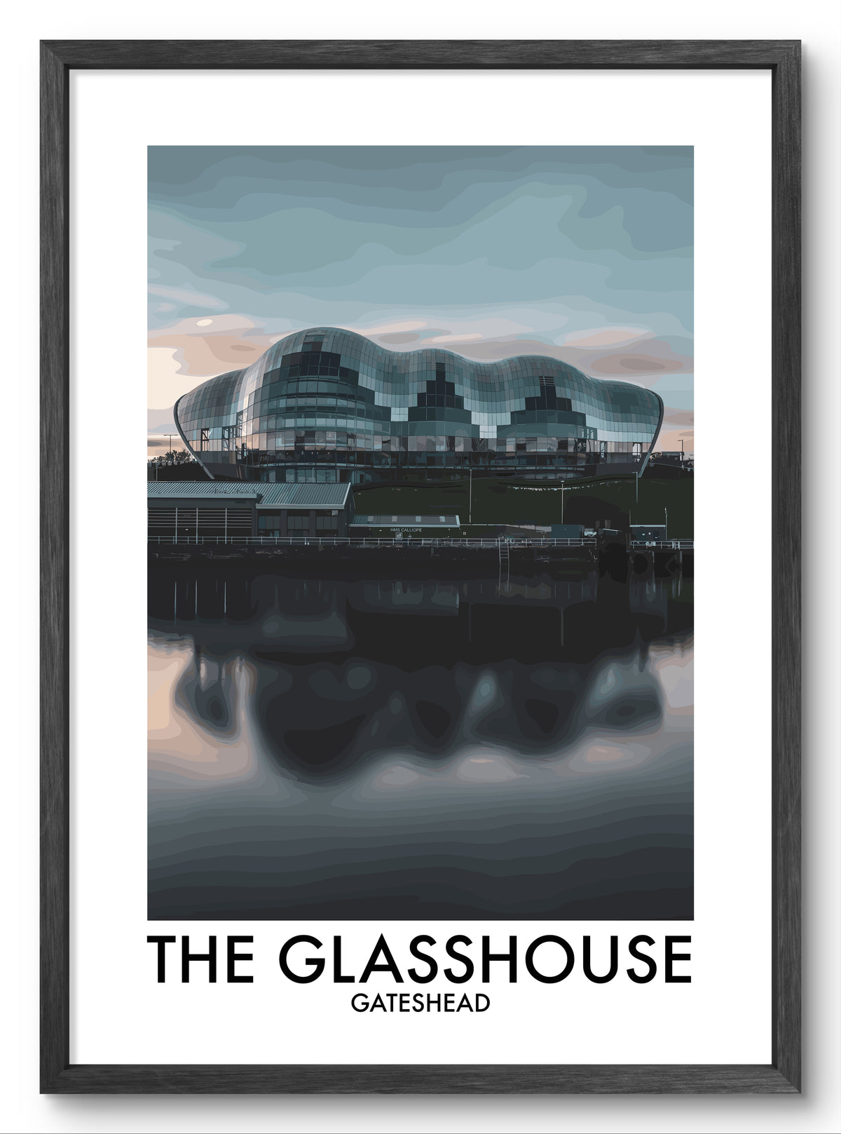 The Glasshouse Gateshead Reflections vector art print shown in a black frame