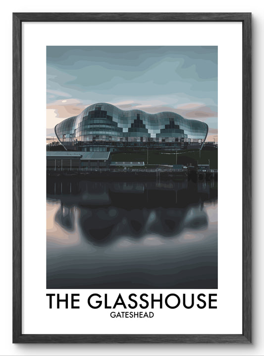The Glasshouse Gateshead Reflections vector art print shown in a black frame
