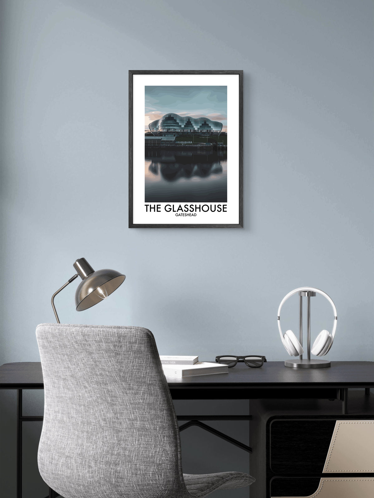 The Glasshouse Gateshead Reflections framed vector art print displayed in a room setting