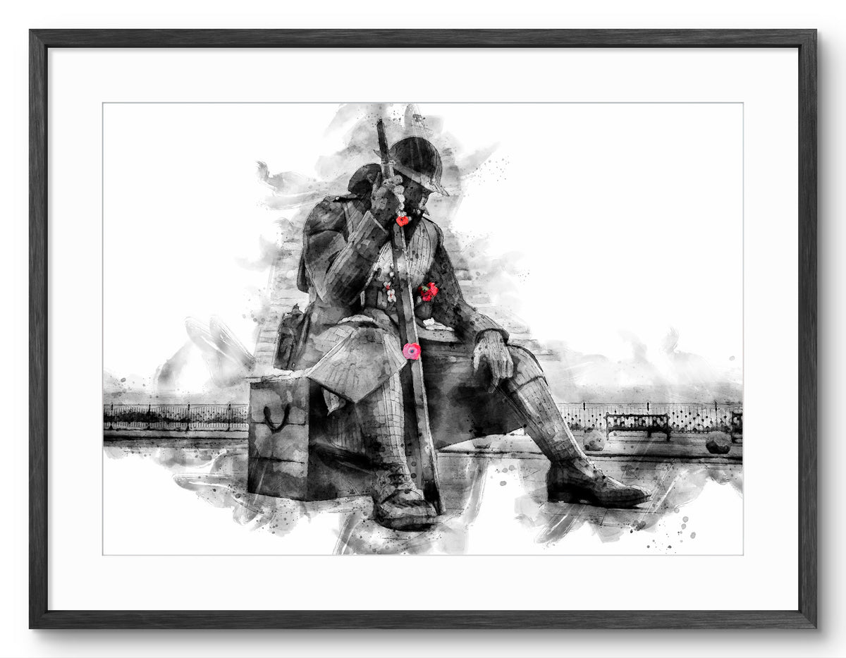 Tommy Seaham Black and White, landscape digital watercolour shown in a black frame and white mount