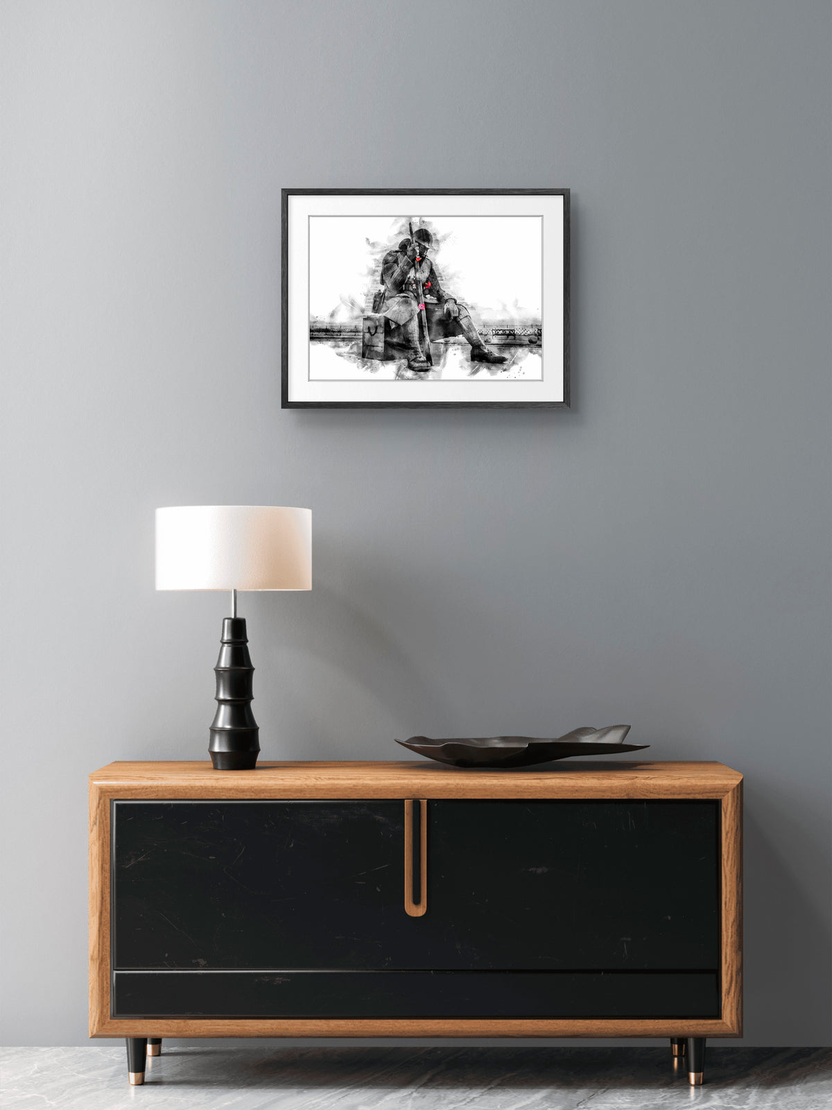 Tommy Seaham Black and White, landscape digital watercolour displayed in a room mockup
