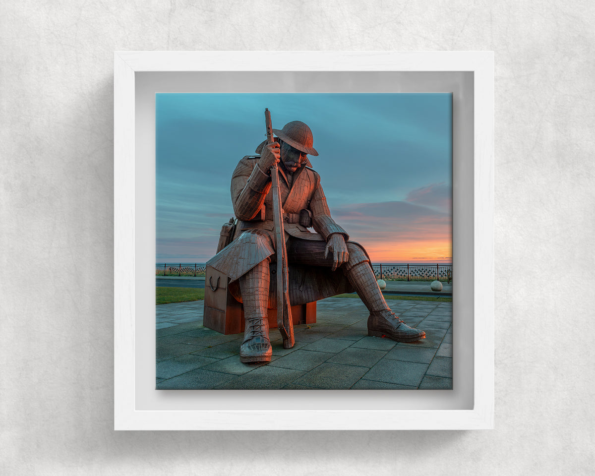 Tommy Seaham Blue Sky on an 8×8 inch ceramic tile in a white box frame, front view